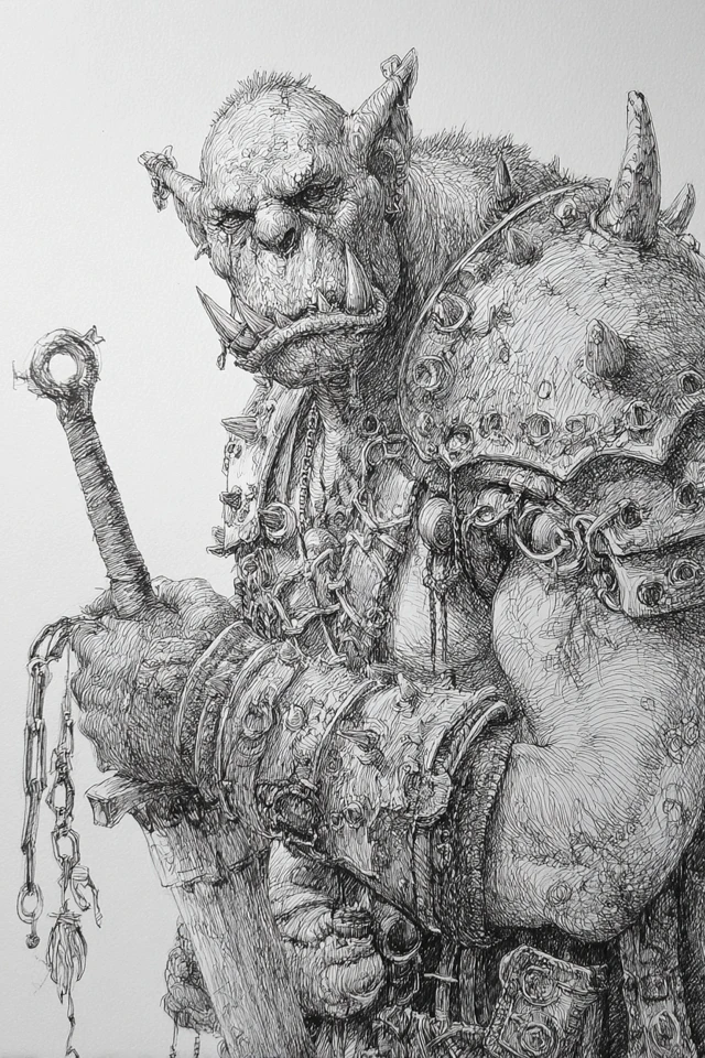 Ogre Battle Warhammer Style Pencil Pen Drawing