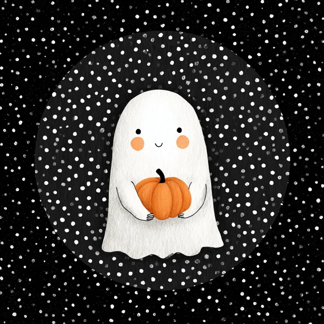 Cute Ghost with Pumpkin Vintage Halloween Illustration