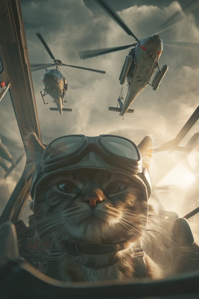 Angry Cat Pilot Helicopter Action Scene