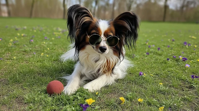 Papillon Dog in Sunglasses Relaxing in a Field