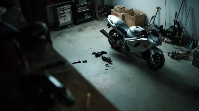 Broken Motorcycle in Garage