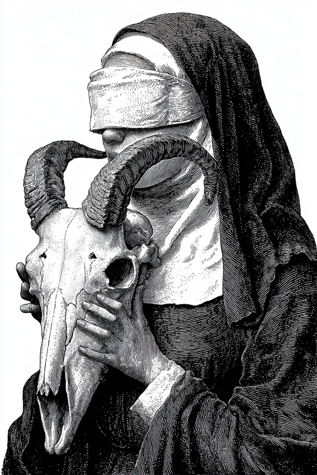 Blindfolded Nun with Ram Skull Black and White Art