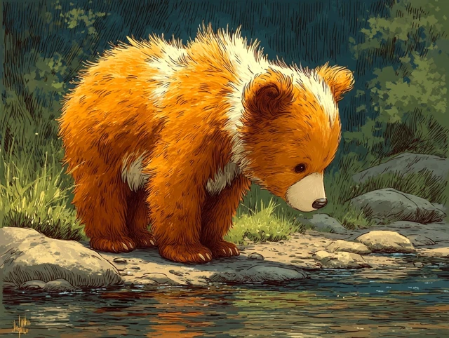Cute Bear Cub by a Stream Illustration