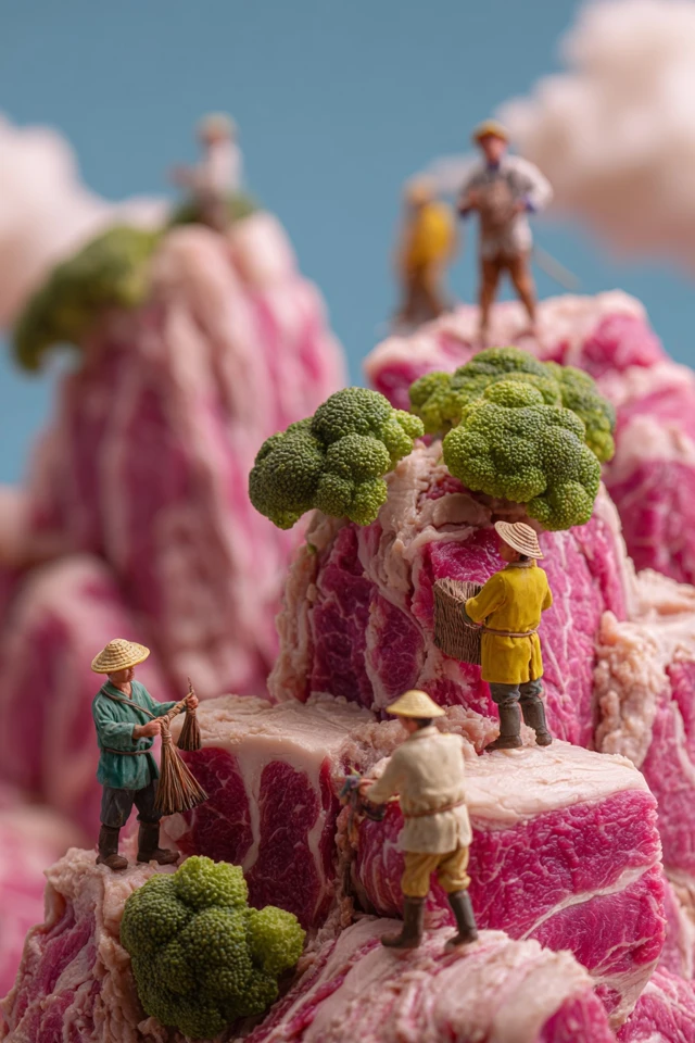 Miniature Chinese Farmers on Meat Mountains