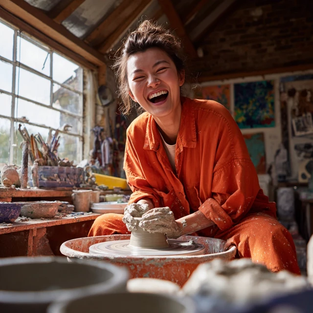 Asian Woman Pottery Making Fun in Ceramics Class