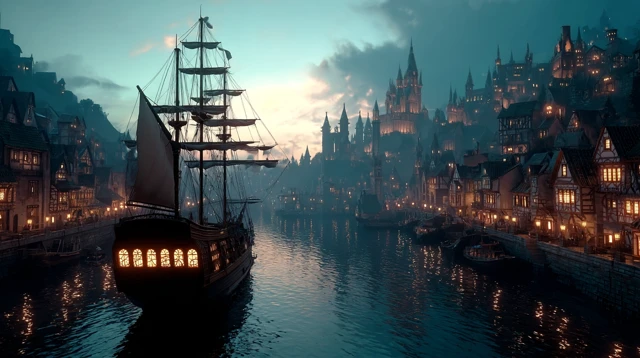 Pirate Ship in Medieval Port Fantasy Art