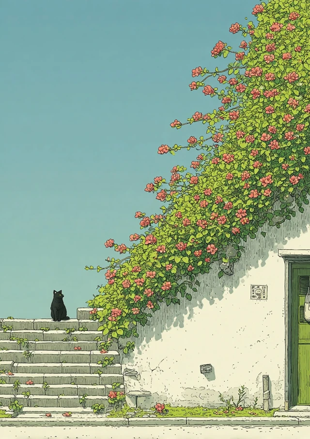 Black Cat on Stairs Pastel Art