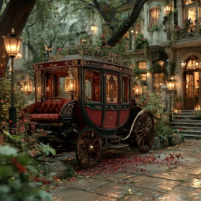 Elegant Carriage in Courtyard Romantic Scene
