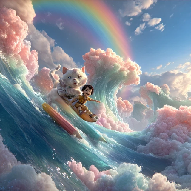 Child Cat Mascot Riding Rainbow Pencil Illustration