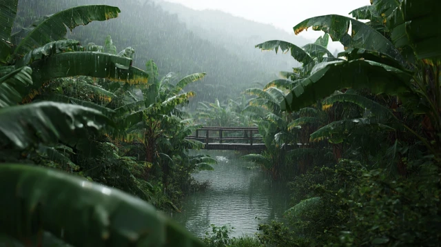 Summer Rain Forest Landscape with Lake and Bridge
