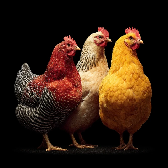 Three Chickens Isolated on Black Hyper Realistic Photo