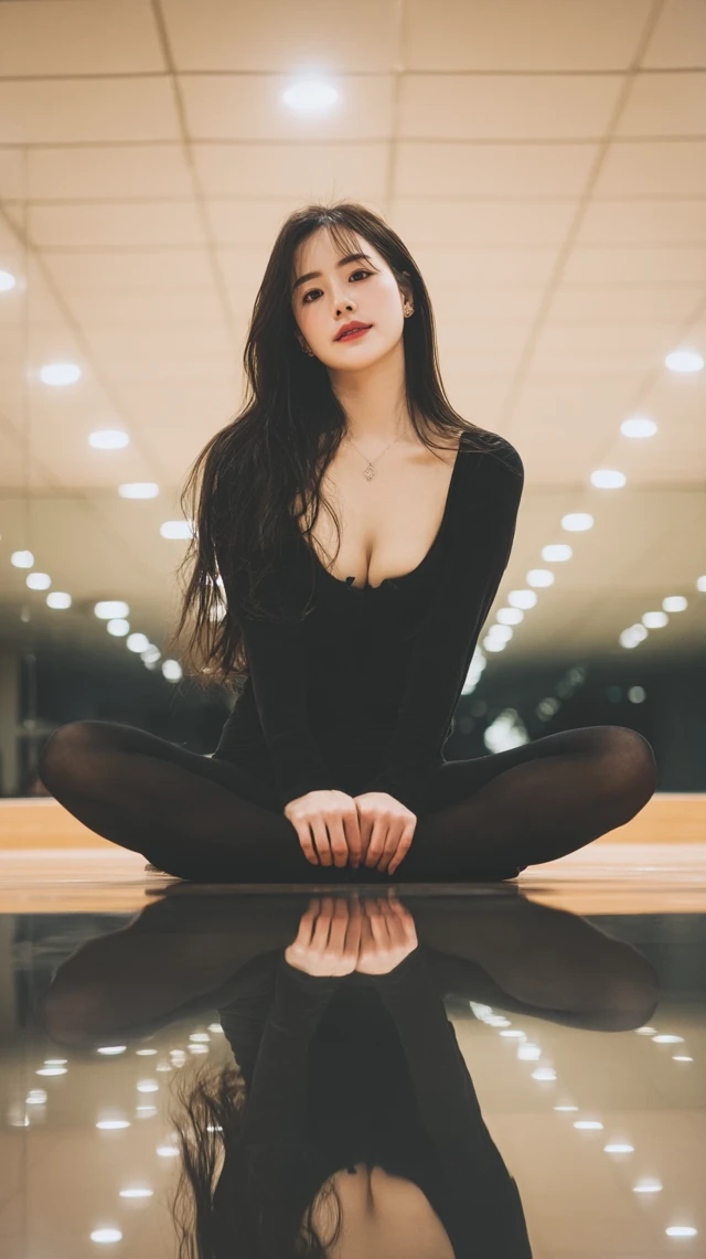 Beautiful Chinese Woman in Black Stockings Taking a Selfie
