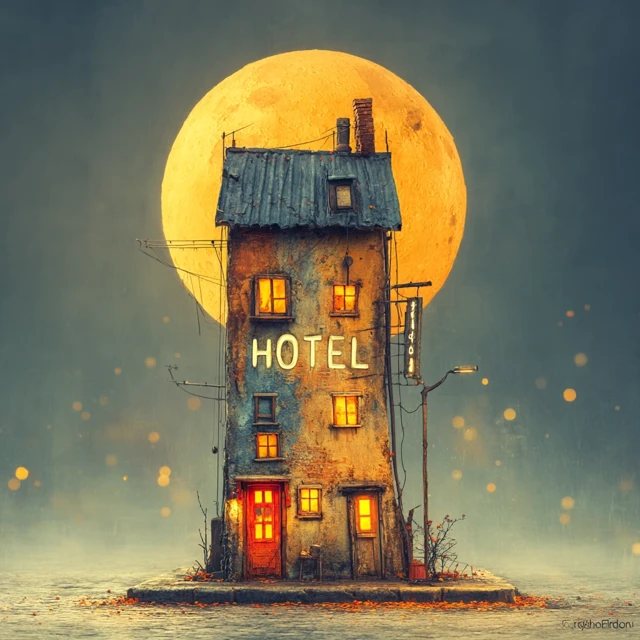 Vintage Hotel Under Full Moon Dreamlike Scene