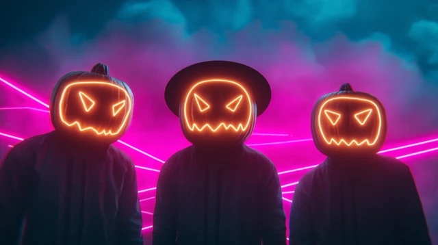 Retrofuturistic Halloween Scene Neon Astronauts