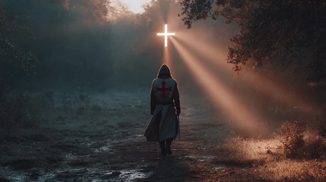 Templar Monk Silhouette at Sunrise Spiritual Scene