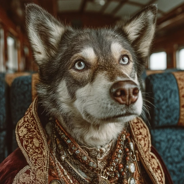 Helmut Newton Husky in Vintage Train Hyperrealistic Photo