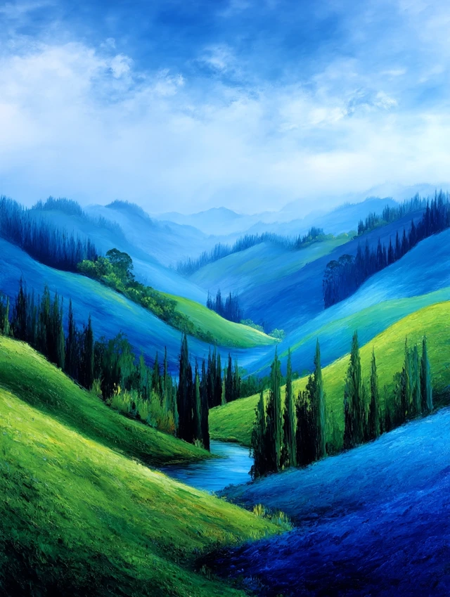 Abstract New Zealand Landscape Painting Green Hills Water