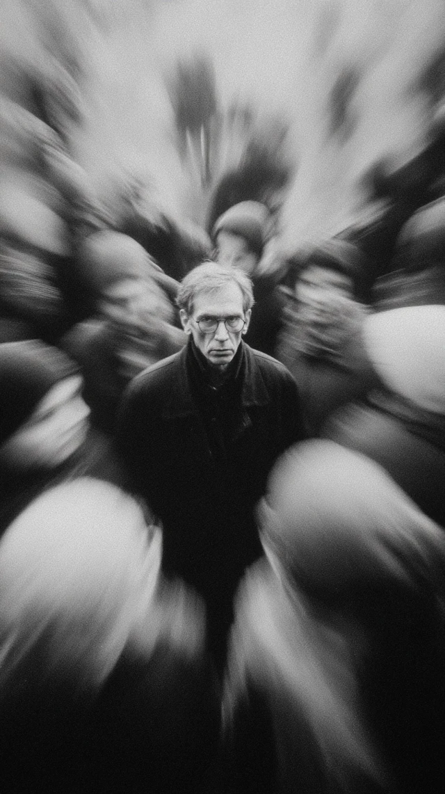 Man in Crowd Black and White Film Photography