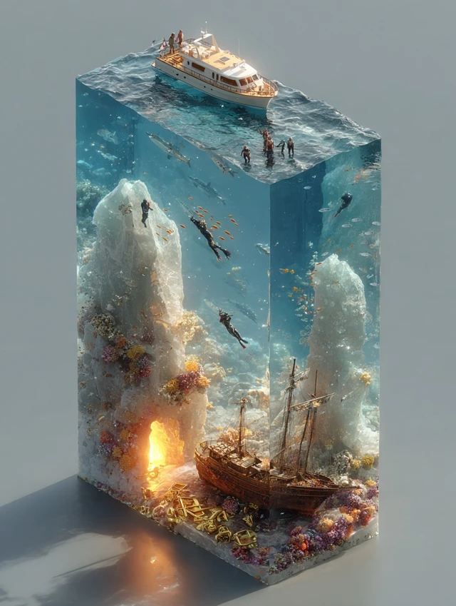 Underwater Isometric Scene Treasure Boat and Divers