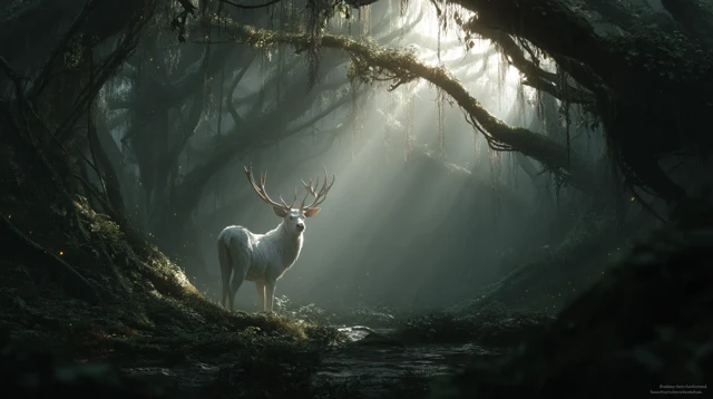 Enchanted Forest White Stag Dawn Illustration