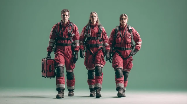 Paramedics in Red Uniforms Standing on Standby
