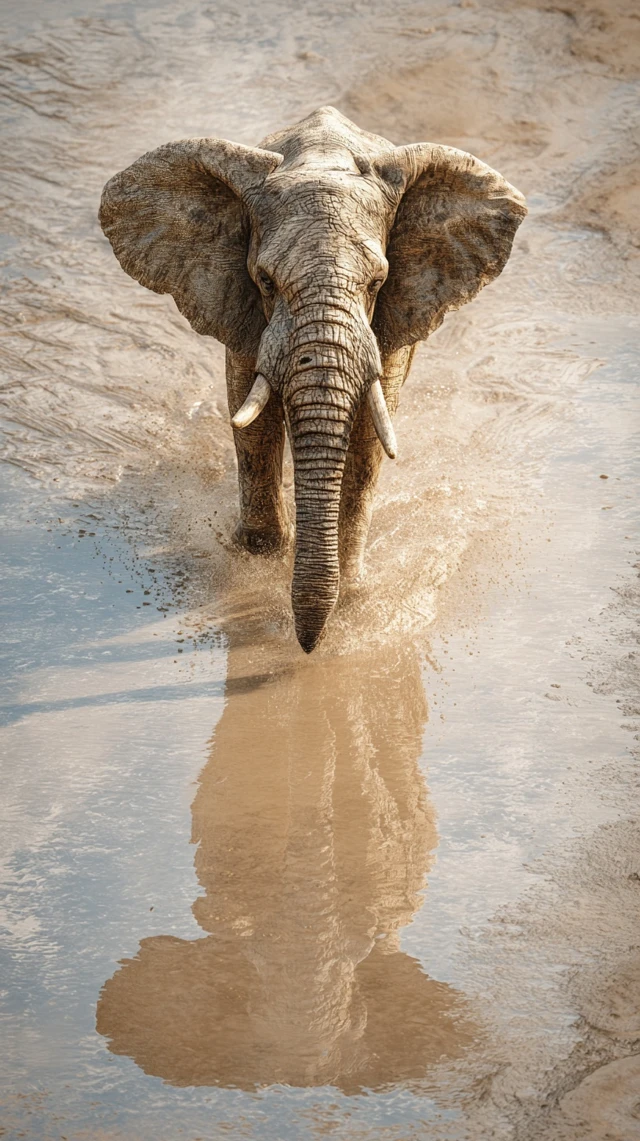 Elephant Running in Muddy River