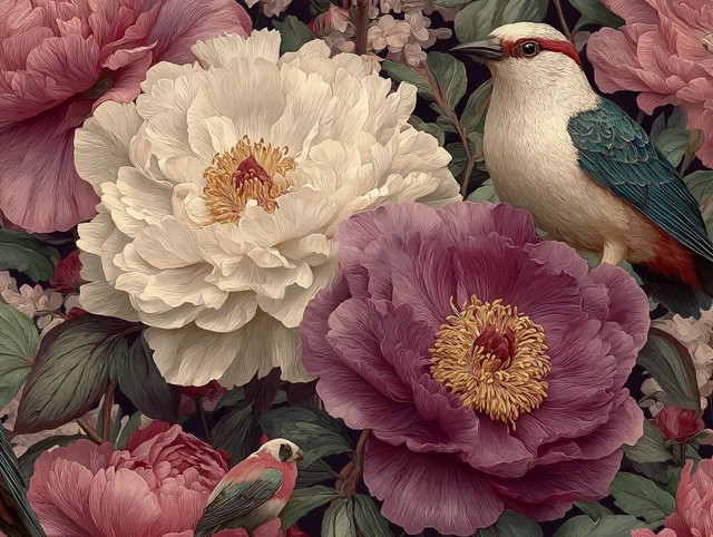 Peony Floral Pattern with Birds Hand Painted Design