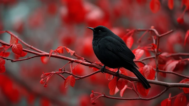 Black Bird in Red Tree Nature Photography