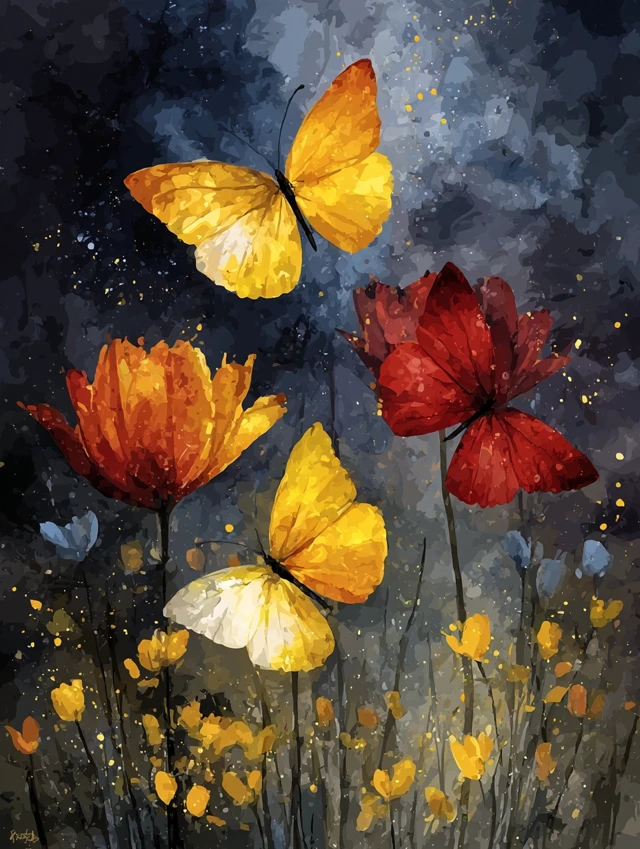 Butterflies and Tulips Watercolor Painting