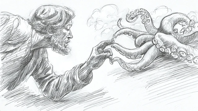 Creation of Adam Octopus Surreal Pencil Sketch