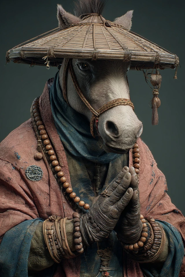 Anthropomorphic Monk Horse in Robe and Bamboo Hat