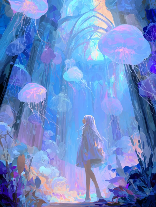 Anime Girl in Dreamscape Jellyfish Painting