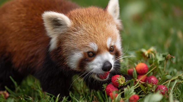 Red Panda Eating Strawberries in the Grass