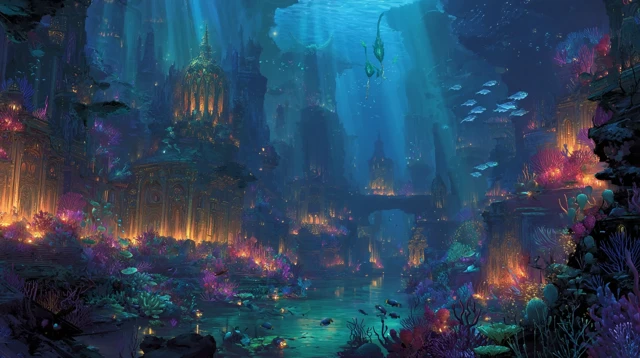 Fantasy Undersea City Glowing Coral Ruins
