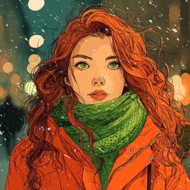 Winter Scene Young Woman with Red Hair Snowfall