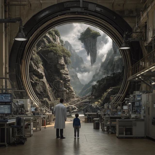 Sci-Fi Portal: Scientist and Child Explore New World