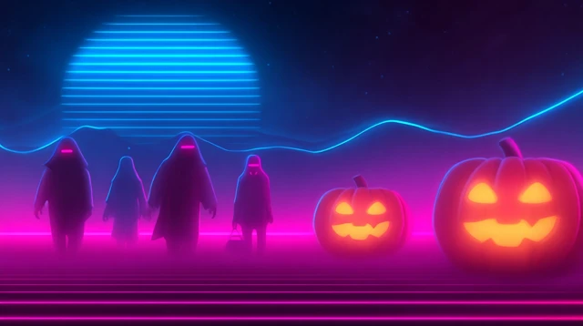Retrofuturistic Halloween Scene Neon Astronauts