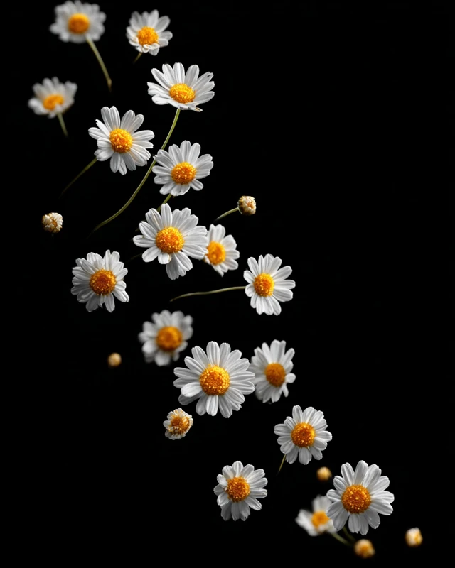 Chamomile Flowers Floating on Black Background