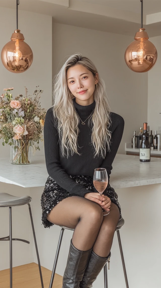 Elegant Asian Woman in Modern Kitchen with Champagne