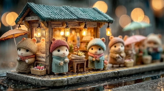 Rainy Evening Hamsters at Bus Stop Diorama