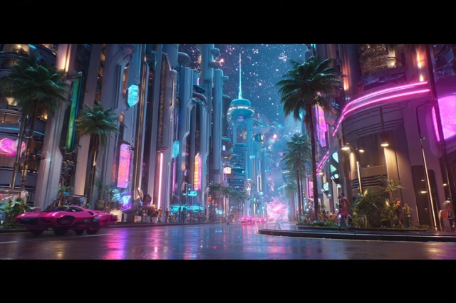 Futuristic Cityscape Neon Lights Retro Cars Night Scene