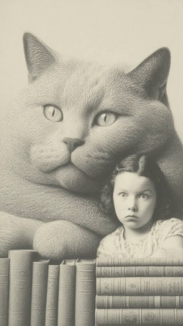Giant Cat and Girl Illustration by Chris van Allsburg
