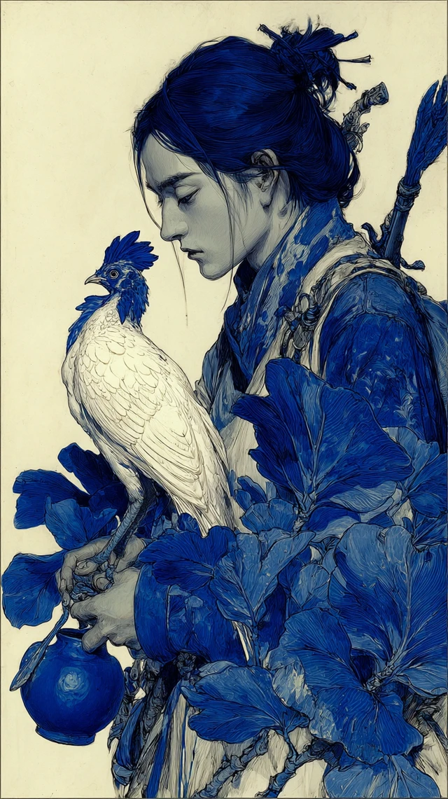 Ancient Chinese Man and Pheasant Ink Illustration
