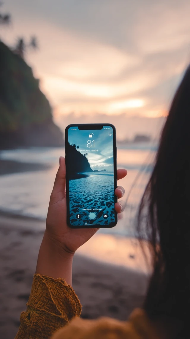 Bali Calling Woman Holding iPhone with Stunning Views