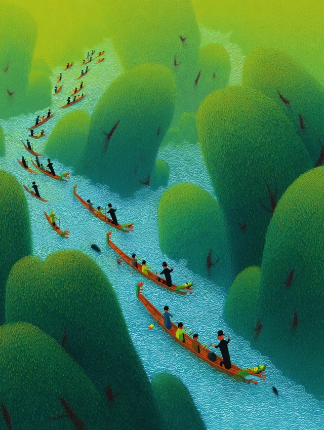 Chinese Landscape Dragon Boat Illustration