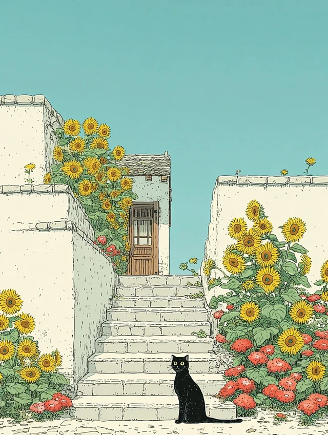 Black Cat on Stairs Hokusai Tatsuro Kiuchi Art