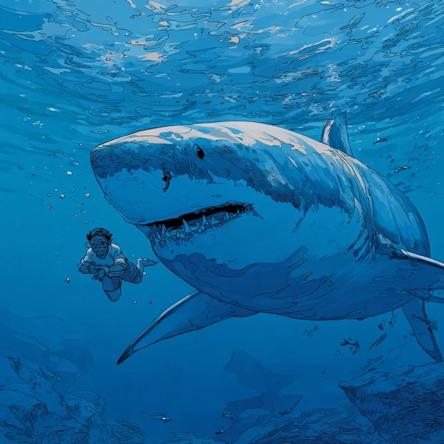 Great White Shark Hunting Man Underwater Caricature
