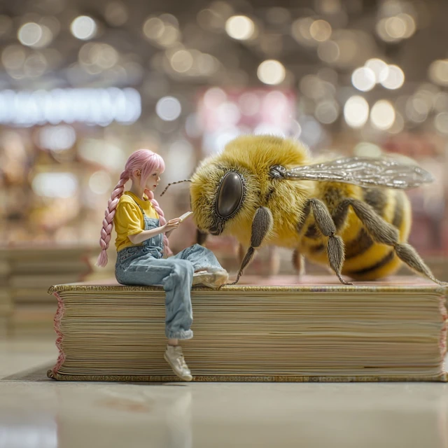 Giant Bookstore with Girl Bee Friend Macro Photography