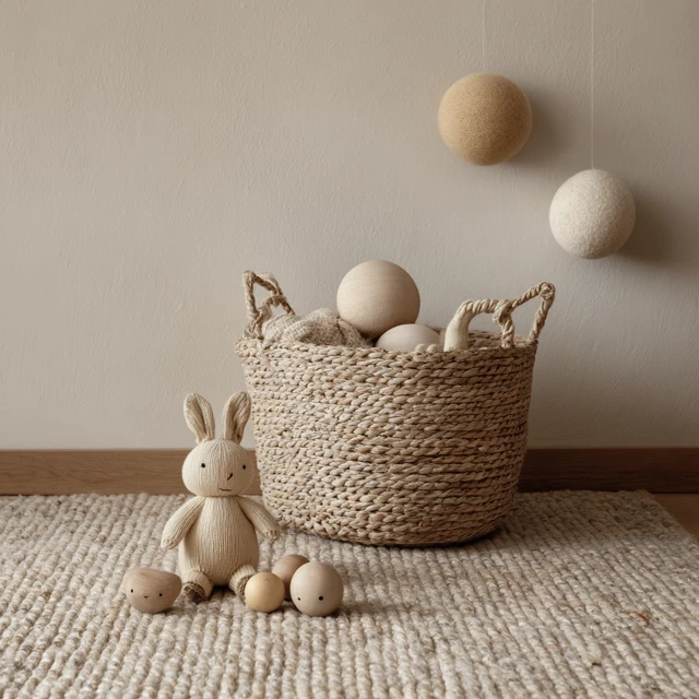 Neutral Baby Room Decor Basket with Toys