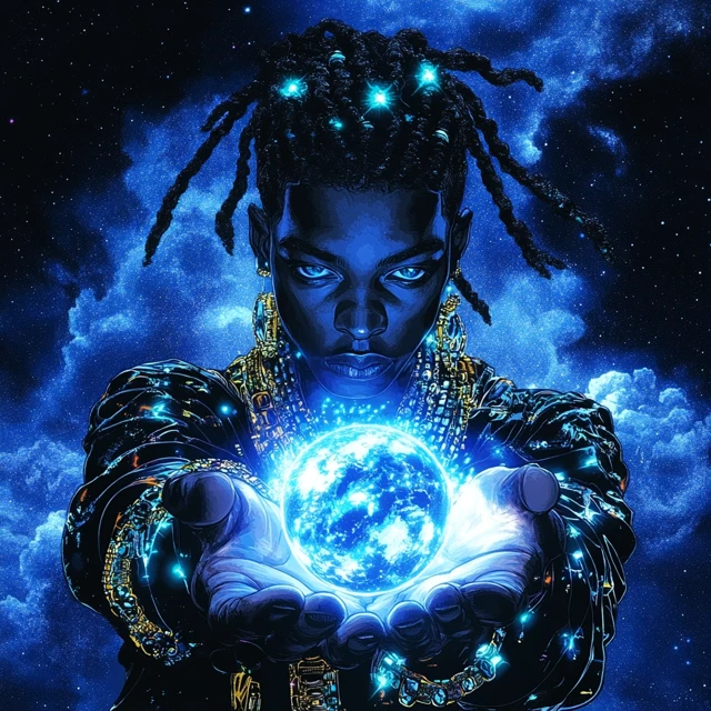 Afrocentric Hand Holding the World Above the Clouds
